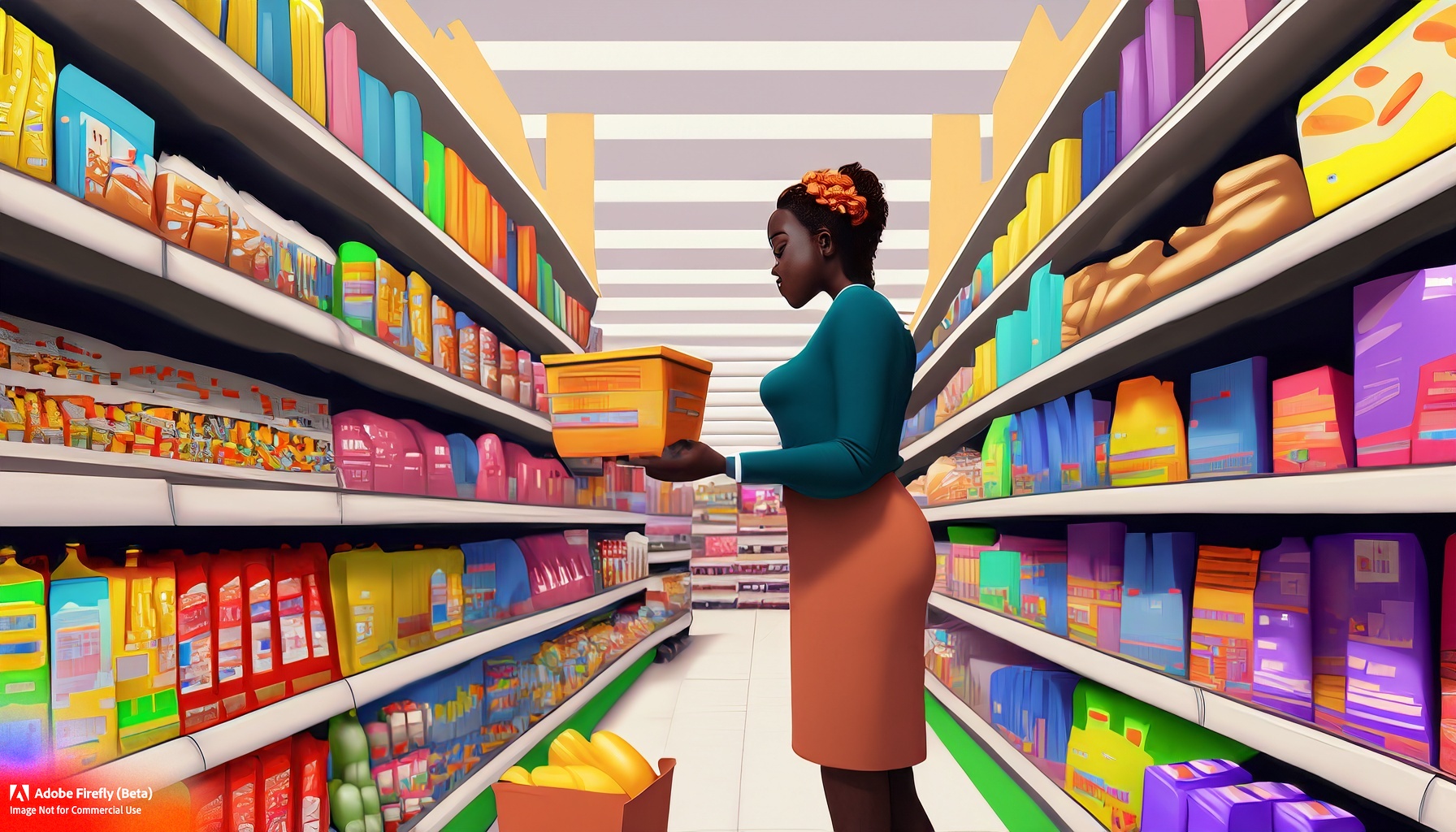 Packaging is Product Image a 3D realistic scene where a person is standing in a supermarket with very tall shelves filled with thousands of brightly colored packaged products. They hold one package with two hands, examining it.